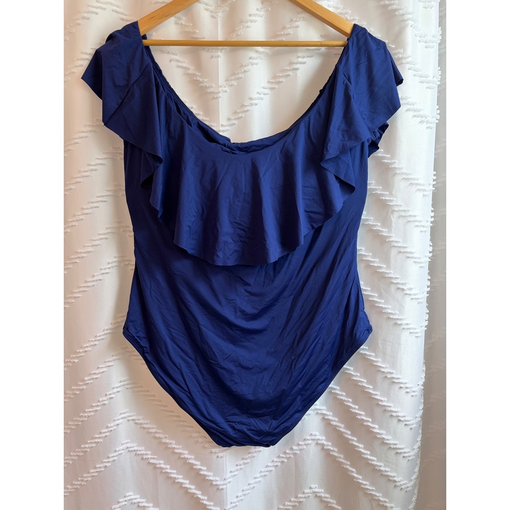 Trina Turk Womens Blue Off the Shoulder Ruffle One Piece Swimsuit Size 18 - Picture 2 of 5